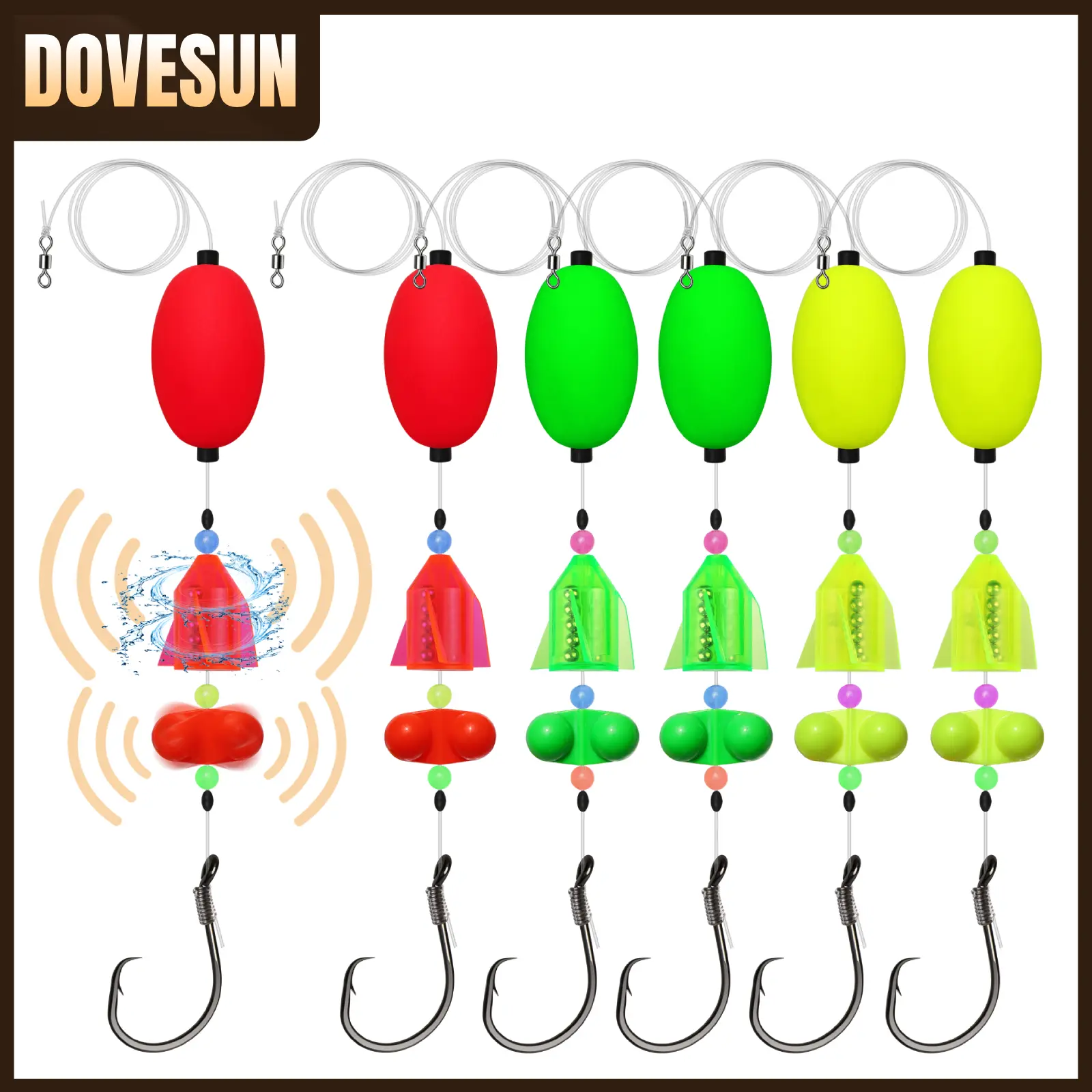 Catfish Fishing Float Tackle Set - 6pcs Versatile Kit with Rattle, 6/0 & 8/0 Double Circle Hooks, Beads for Effective Catfishing