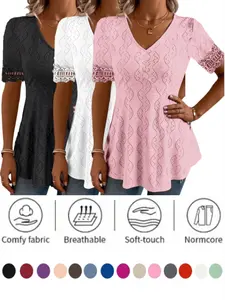2026 Women's V-Neck Embroidered Lace Waistcoat, Short Sleeve Fashion Top, Stylish Chic Ladies' Clothing, Trendy and Elegant Design