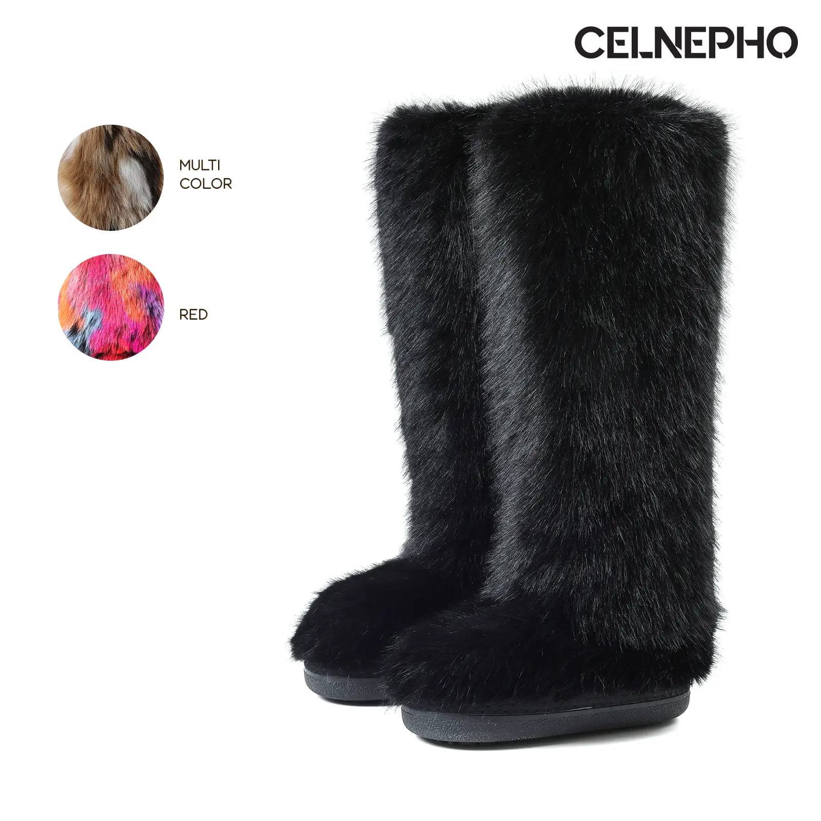 CELNEPHO Faux Fur Boots for Women Knee High Boot Round Toe Flat Heel Fluffy Furry Comfy Plush Warm Cozy Easy Pull on Party Gift Outdoor Casual Everyday Wear Holiday Travelling Multicolor Fashion Snow Dressy Shoes