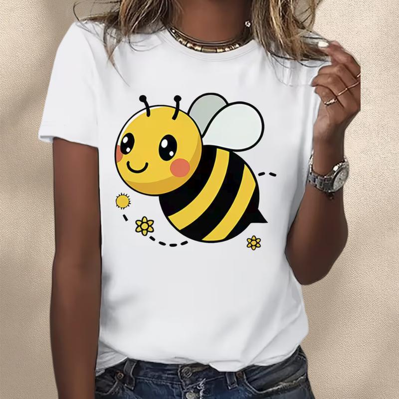 Lady's Fitted Vintage Cotton Fabric Short-Sleeve Tshirt - Cute Little Bee Cartoon Pattern, Casual, Comfortable, Minimalist, Suitable for Running & Party, Unisex Couple Option, Sohochic (Pair with Skirts)