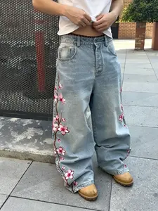 New Embroidered Floral Loose Fit Jeans, Vintage Washed Wide Leg Long Pants, Light Blue Casual Trousers, All Seasons Wear