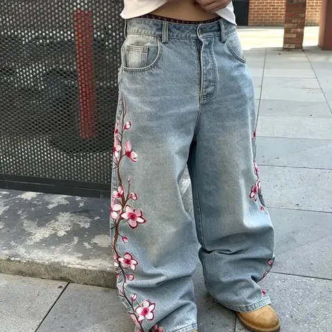New Floral Embroidered Loose-Fit, Vintage Washed Wide-Leg Denim Pants, Vintage Inspired Jeans, Light Blue Casual Trousers, All Seasons Wear