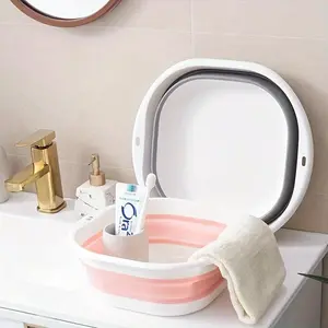 Large Portable Collapsible Wash Basin - Rectangular, Durable Plastic, Pink & White - Ideal for Travel, Dorms & Home Use with Easy Storage