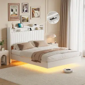 Floating Bed Frame with RGB LED Lights, Charging Station & Storage Headboard, Upholstered Leather
