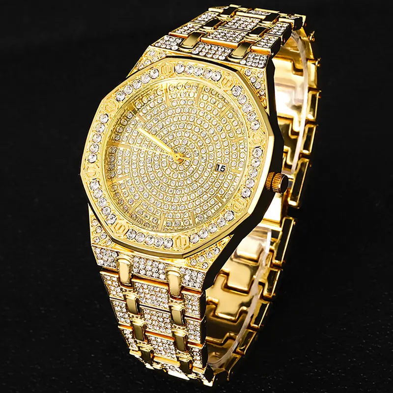 Couple Hip-Hop Quartz Watch, Luxury Sparkling Diamond Dial, Unisex Gift, Daily Wear Accessory, Round Analog Face, Organic Glass Case, Analog Wristwatches