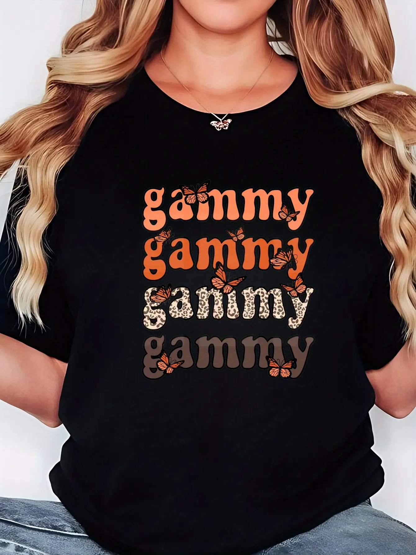 Women'S Plus Size Casual T-Shirt with "GAMMY" Letter Print - Short Sleeve, Crew Neck, Slight Stretch, Geometric Pattern, Black, Spring/Summer Fashion, Comfortable Clothing| Relaxed Fit Tee| Comfortable Fit Tee