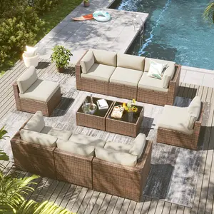 Aoxun 10-Piece PE Wicker Rattan Outdoor Furniture Set with Coffee Table, Waterproof Cover, Cushion, 3-Package Shipping, Weatherproof Conversation Set for Backyard, Beige&Blue Patio Sofa Set Patio Sectional Set tiktokshopspringglowup,summervibes