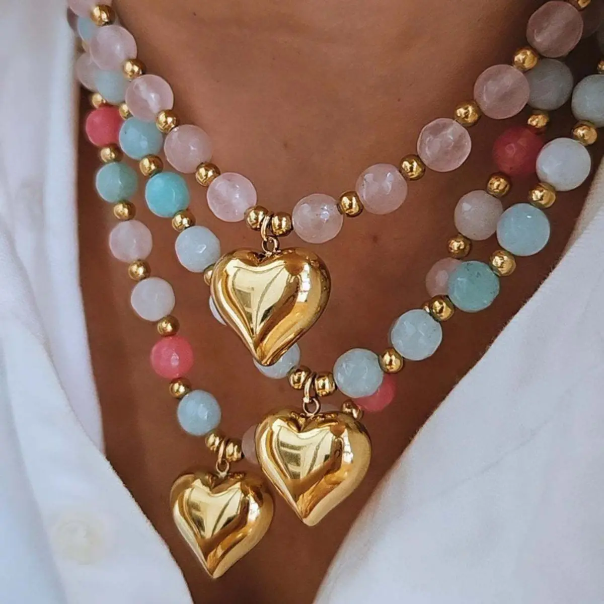 Colorful Beaded Necklace with Gold Heart Pendant for Women, Adjustable Lightweight Summer Beach Choker, Hypoallergenic, Bead Accent Necklaces, Bling Necklaces