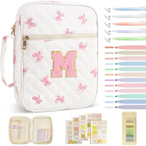Personalized Initial Bible Cover Case for Women Girls Kid, Large Quilted Bible Case with Handle, Stylish Chenille Letter Bag Study Supplies, Perfect Christmas Gifts for Christians Women (Pink Bow-M)