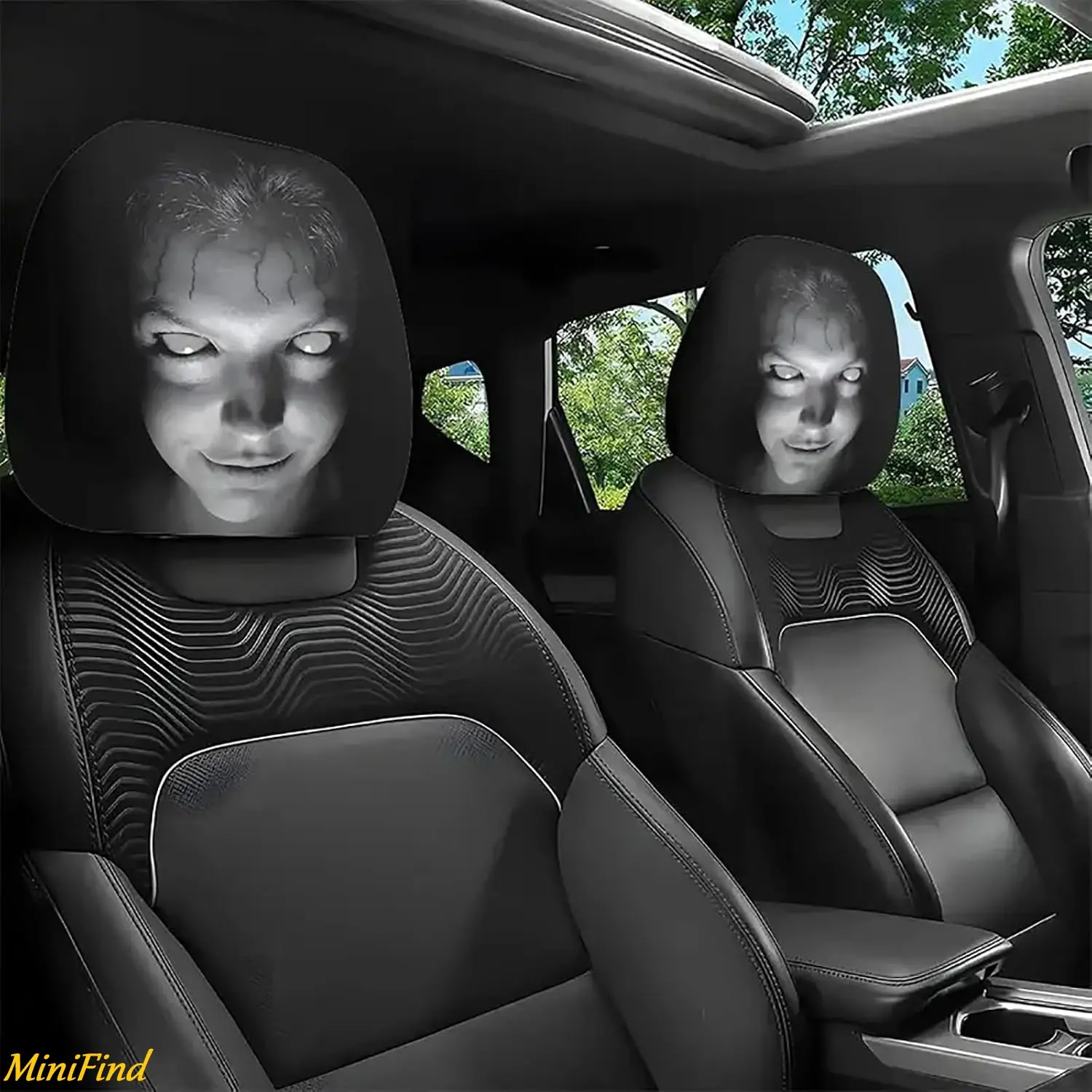 Ghost Face Headrest Covers, Scary Face Printing Auto Seat Universal Elastic Models Headrest Protector with Glowing-Eye Effects Cover Funny Decoration for Car Interior Vehicle Truck SUV,Halloween Gag Gifts for Drivers , Parties & Daily Pranks