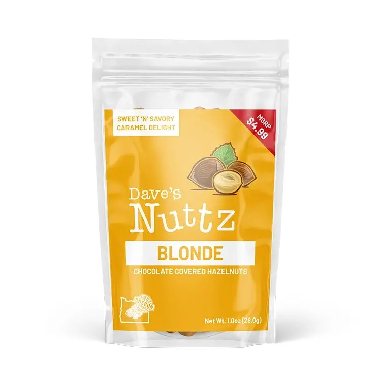 Dave's Nuttz Blonde Chocolate Covered Hazelnuts 1oz Sweet 'N Savory Caramel Delight Snack Oregon Roasted Nuts US Made