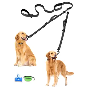 PetBonus Double Dog Leash, No Tangle Dual Leash, Reflective Walking Training Lead, 4 Comfortable Padded Handles for 2 Dogs with Collapsible Bowl and Waste Bags