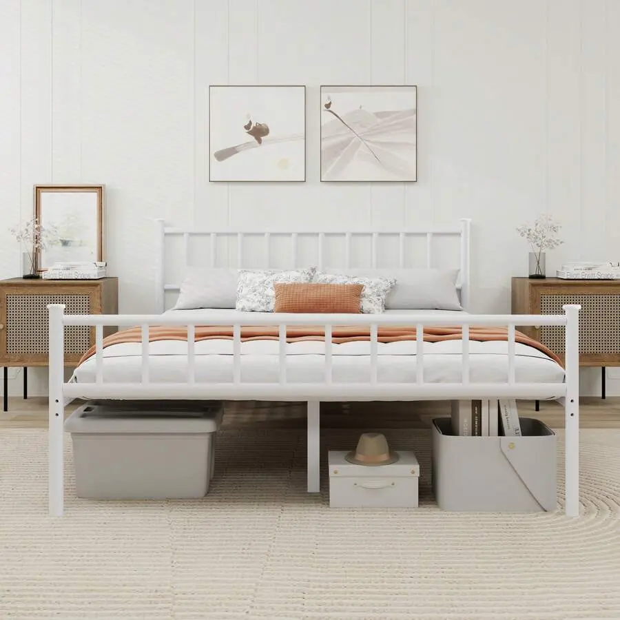 Modern Classic Powder Coated Metal Bed Frame - 14 Inch Solid Matte Black, Under-Frame Storage Space, Heavy Duty Steel Slat Support, No Box Spring Needed, Easy Setup, Easy Assembly with White Glass Door Wardrobe Set
