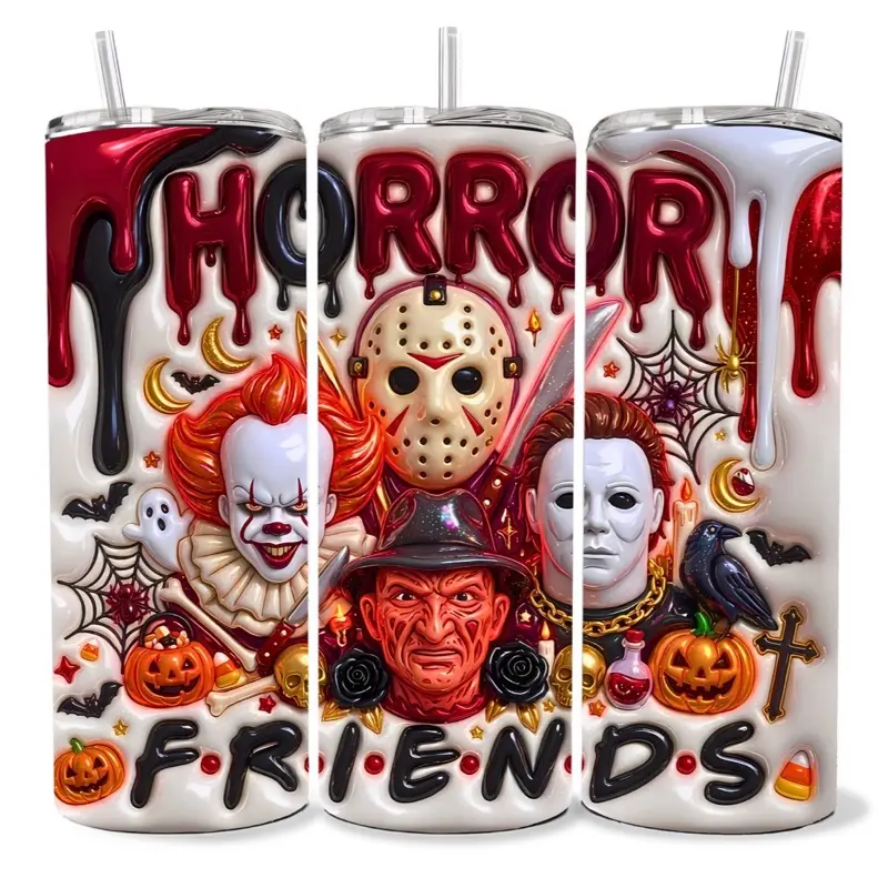 Horror Friends 3D 20 oz Tumbler - BPA Free, Stainless Steel, Leak Proof, Clear Lid, Includes Straw