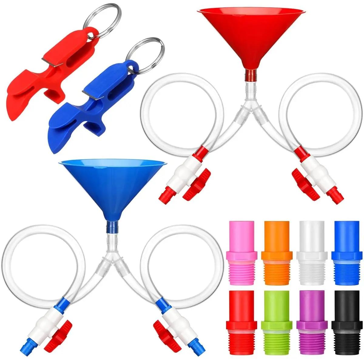 Durable 2-Pack Plastic Double-End Beer Bong Kit - 2ft Kink Free Tube, Funnel with Valve, 8 Interchangeable Mouthpieces, Bottle Openers, Keychain Tools, Party Essential for Adults’ Bachelor, Birthday Use