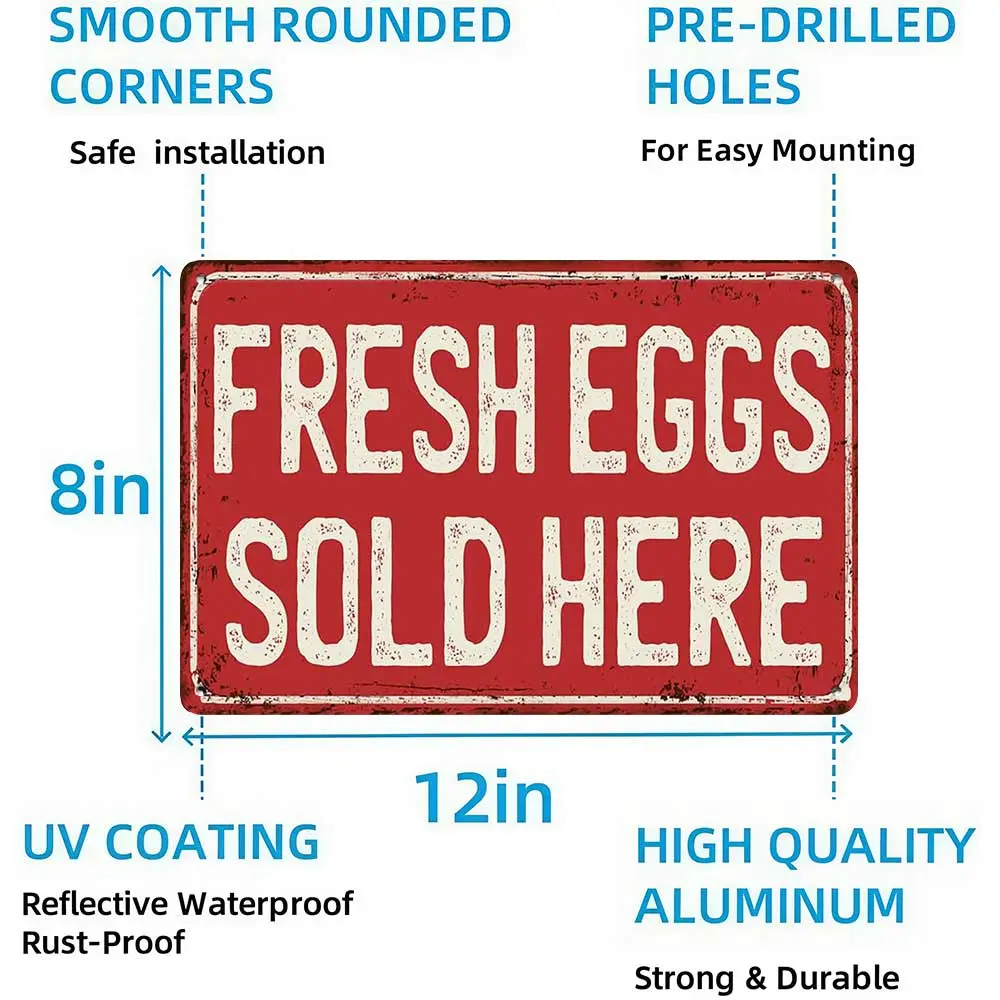 Rectangular 12x8 in Metal Tin Sign - Red Vintage Aluminium Fresh Eggs Hanging Farmhouse Plaque, Home Decor Accessories for Farm, Kitchen, Ideal Gift (Home Supplies)