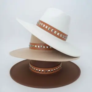Vegan Felt Fedora with Studded Leather Belt – Women's Wide Brim III | SOLOVE