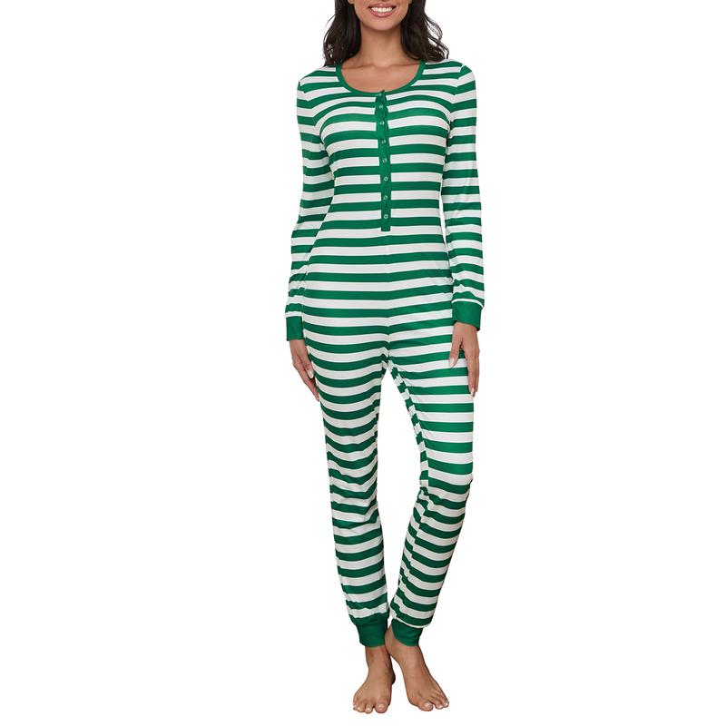 Woman's Christmas Stripe  Pajamas Sexy Round Neck Long SleeveElastic Jumpsuit, Daily Life and Holiday Womenswear Loungewear