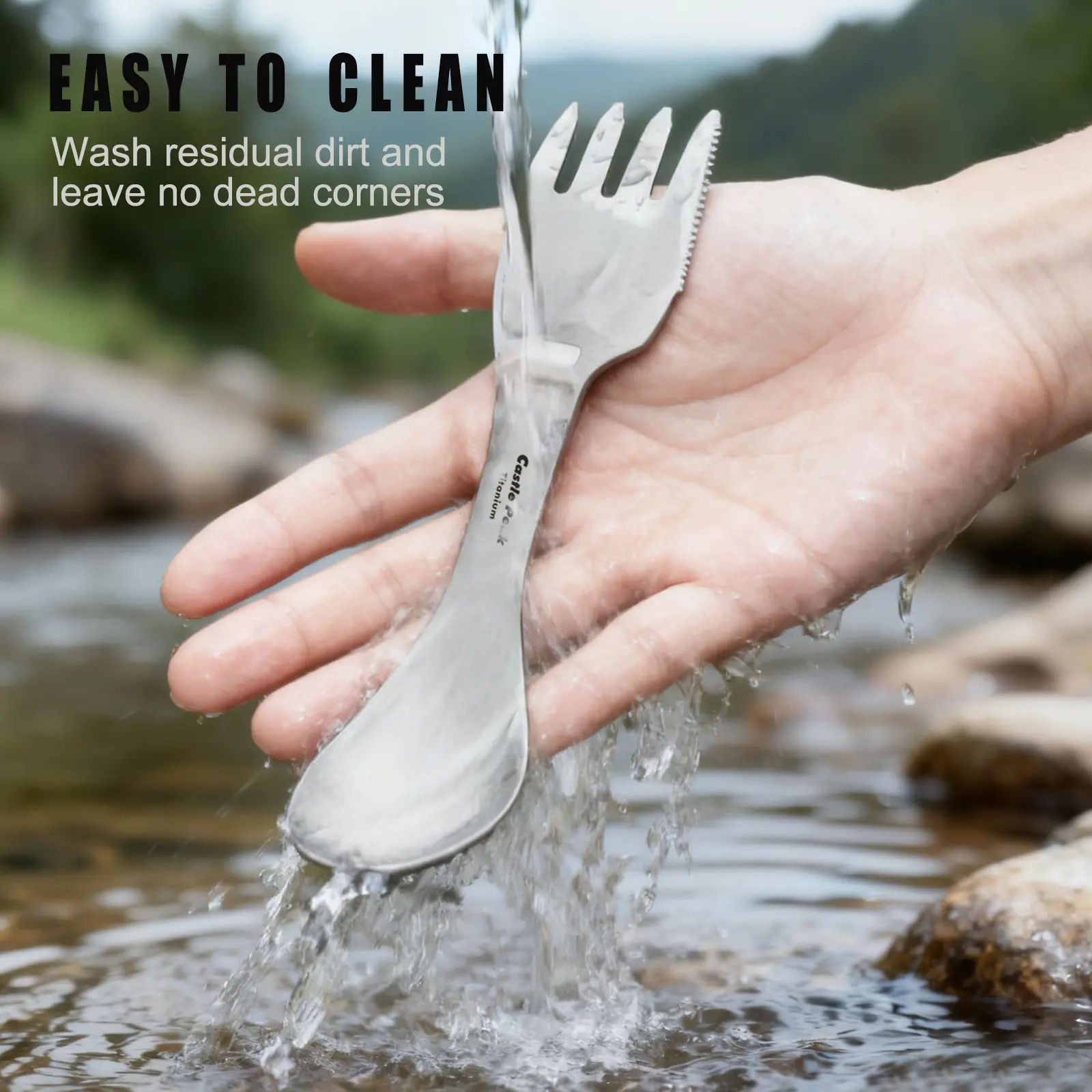 Castle Peak EDC Tactical Spork - Stainless Steel Adventure Cutlery, Portable Camping Gear with Foldable Cup & Camping Burner, No Dead Corners, Easy to Clean for Hiking, Outdoor Cooking