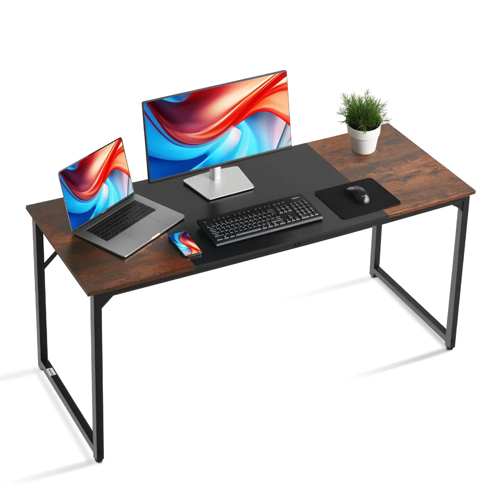 VEVOR 63in Rectangular Office Desk, Rustic Brown & Black Sturdy Minimalist Computer Desk with Steel Frame, Particleboard Wide Desktop for Large Legroom, Assembly-Required Indoor Furniture for Home Office Work