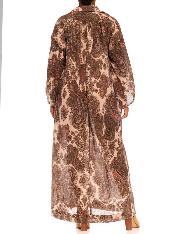 1970S GLORIA VANDERBIL Cream & Olive Green Paisley Poly Blend Boho Shirt Dress With Belt