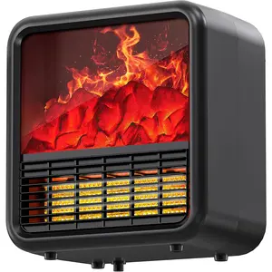 1500W/750W PTC Ceramic Small Fireplace Heater - Realistic 3D Flame, Thermostat, Tip-Over Safety Switch for Indoor Use (Black)