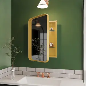 Aobtkel®16x24 Inch Recessed Metal Framed Medicine Cabinet with Mirror and Adjustable Shelves Wall Mirror with Storage for Bathroom, Matte Gold    RR#Summervibes