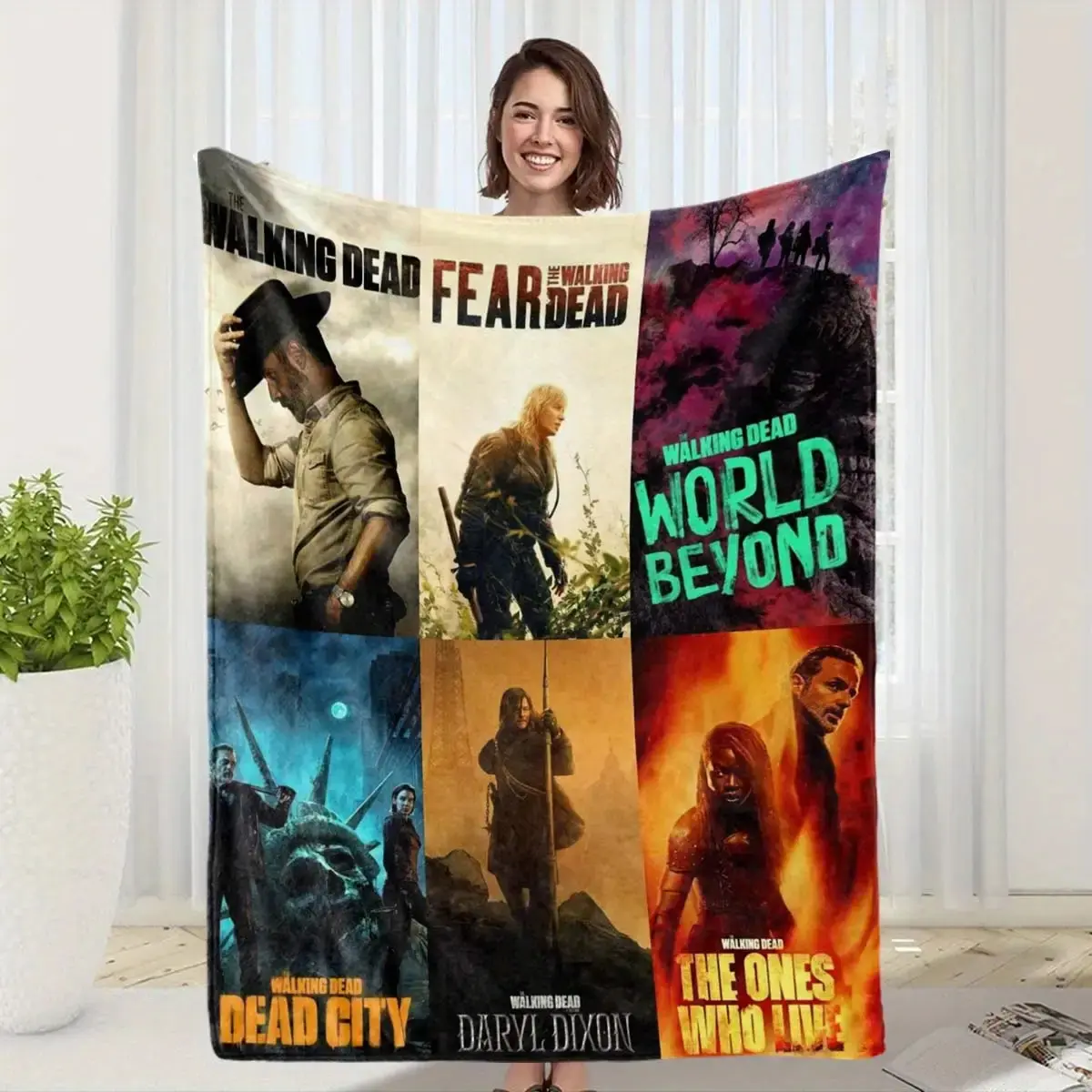 The Walking Dead TV Series Retro Theme Flannel Blanket - Wrinkle Resistant, Breathable, Durable, Travel Friendly, All Seasons, Cotton-Microfibre, Machine Washable, Ideal for Bed, Sofa, Birthday Gifts, Print