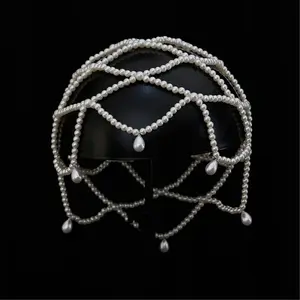 National style retro waterdrop imitation pearl headpiece, handmade beaded show accessories, unique fashionable mesh hair accessory, women's wedding hairstyle accessories, photography jewelry, etc.