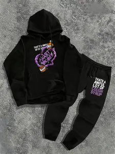 Men's Street Style Letter Colorblock Hoodie Set with Letters, Casual Loose Fit Sweatpants, Long Sleeve Pockets Design