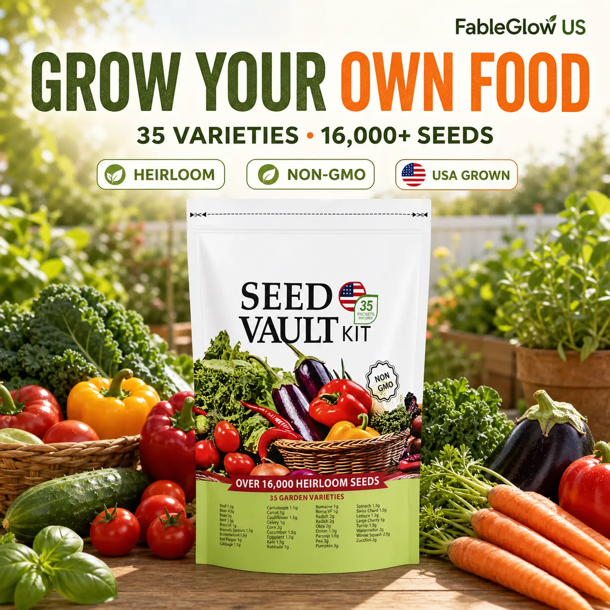 Heirloom Vegetable Seed Vault - 35-Variety, 90% Germination Rate, 16000+ Non-GMO Survival Stock, Seedling Packet Vegetables, Broccoli Seeds, Grow Kit, Home Garden Emergency Supply, Beginner Gardening Gift, Double-Flowered Moss Rose Annual, Broccoli Seeds
