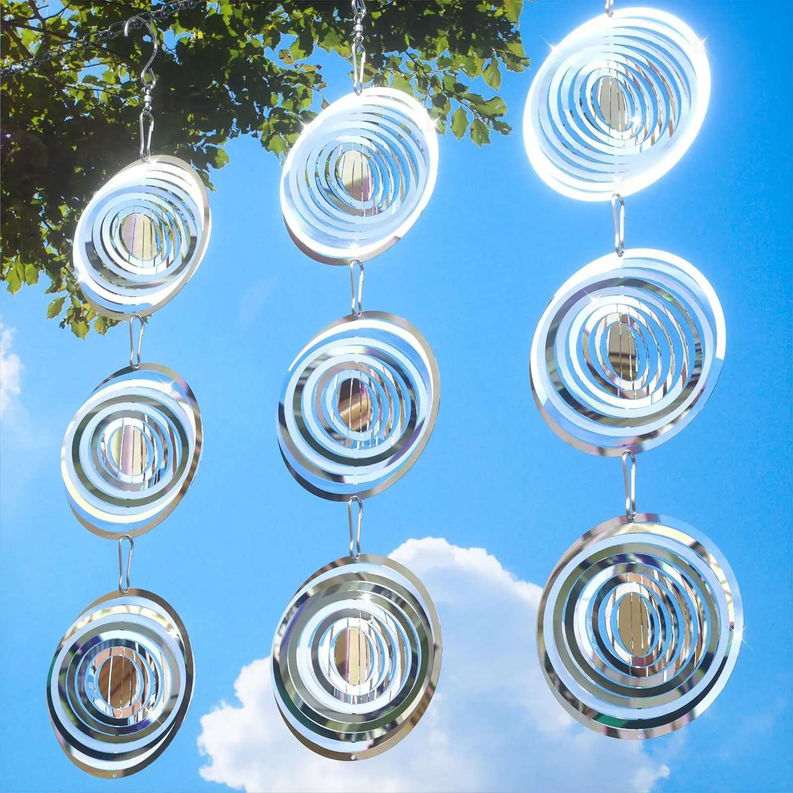 Circular Outdoor Bird Deterrent Reflective 3D Stainless Steel Wind Spinner Garden Decoration Device Wind Chime Garden Accessories Windchimes Windchimes Outdoors