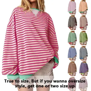 【Up To 3XL】FMEYOA Womens Striped Oversized Sweatshirt Color Block Crew Neck Long Sleeve Shirt Casual Loose Pullover Top Y2K Clothes