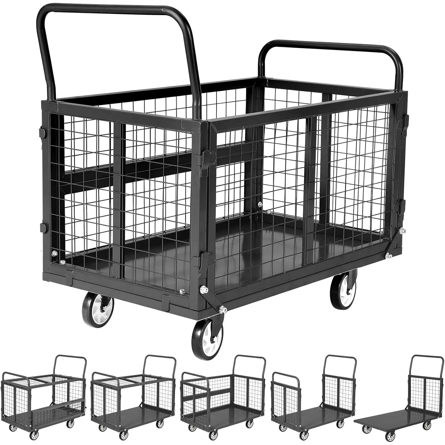Heavy-Duty Foldable Platform Truck Cart with Removable Cage, 2000LB Capacity Flatbed Cart with Detachable Side & Top Panels, Heavy-Duty Wheels for Warehouse, Exhibitions, Factories