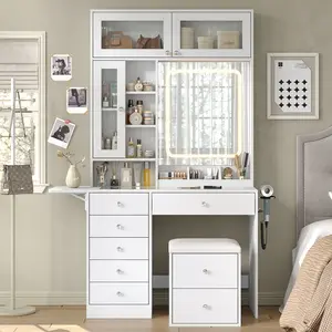 FUSOU 72‘’ Tall Multi Space Vanity Desk with Mirror and Lights, Makeup Vanity with Drawers & Storage Stool, Makeup Desk with Glass Top & Power Outlet, Dressing Table for Bedroom, White