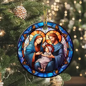 Nativity Scene Ornaments Nativity Night Round Ceramic Stained Glass Style Birth of  Christ  Ornament Christmas Keepsake Decor for Xmas Tree Winter Holiday Xmas  for Women Men 3"