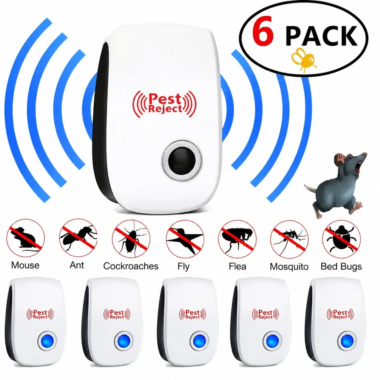 6-Pack ABS Plastic Ultrasonic Pest Control Repeller - Plug-in Electronic Indoor Repellent, DEET-Free Family-Friendly with Flea, Ant Deterrent, Anti-Mosquito, Cockroach Exterminator, Crawling Pest Indoor Insect Control for Bedroom, Play Room, Flea And Repe