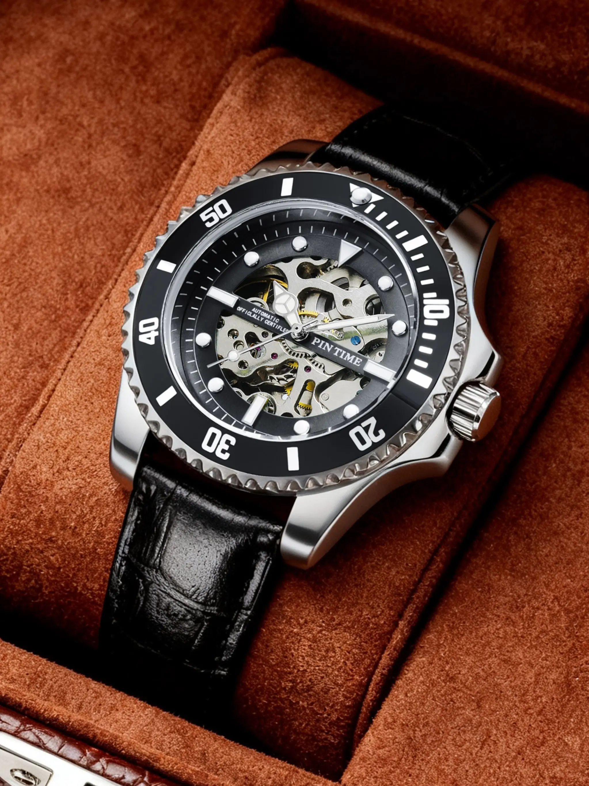 Men's Classic Vintage Automatic Mechanical Watch, Analog Wristwatches, Luminous Hands Leather Strap, Business Casual Wristwatch, Anniversary Christmas Gift, Stainless Steel Wristwatch