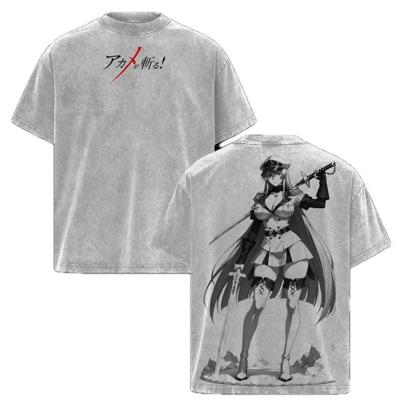 Esdeath Akame ga Kill! Unisex Oversize Anime Manga Double Printed Vintage Washed Graphic Tee Heavyweight Cotton Streetwear