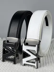 1pc men's and women's automatic buckle waistband, Trendy versatile buckle, with letter embossed buckle design, black and white, business and casual style, suitable as a gift for Valentine's Day, Father's Day, Mother's Day