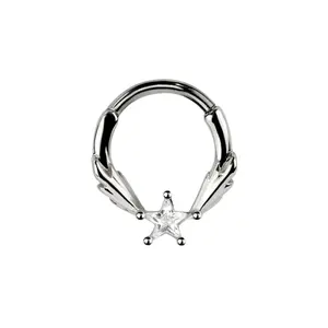 CZ Crystal Shooting Star Center Hinged Segment Clicker Ring - 316L Stainless Steel