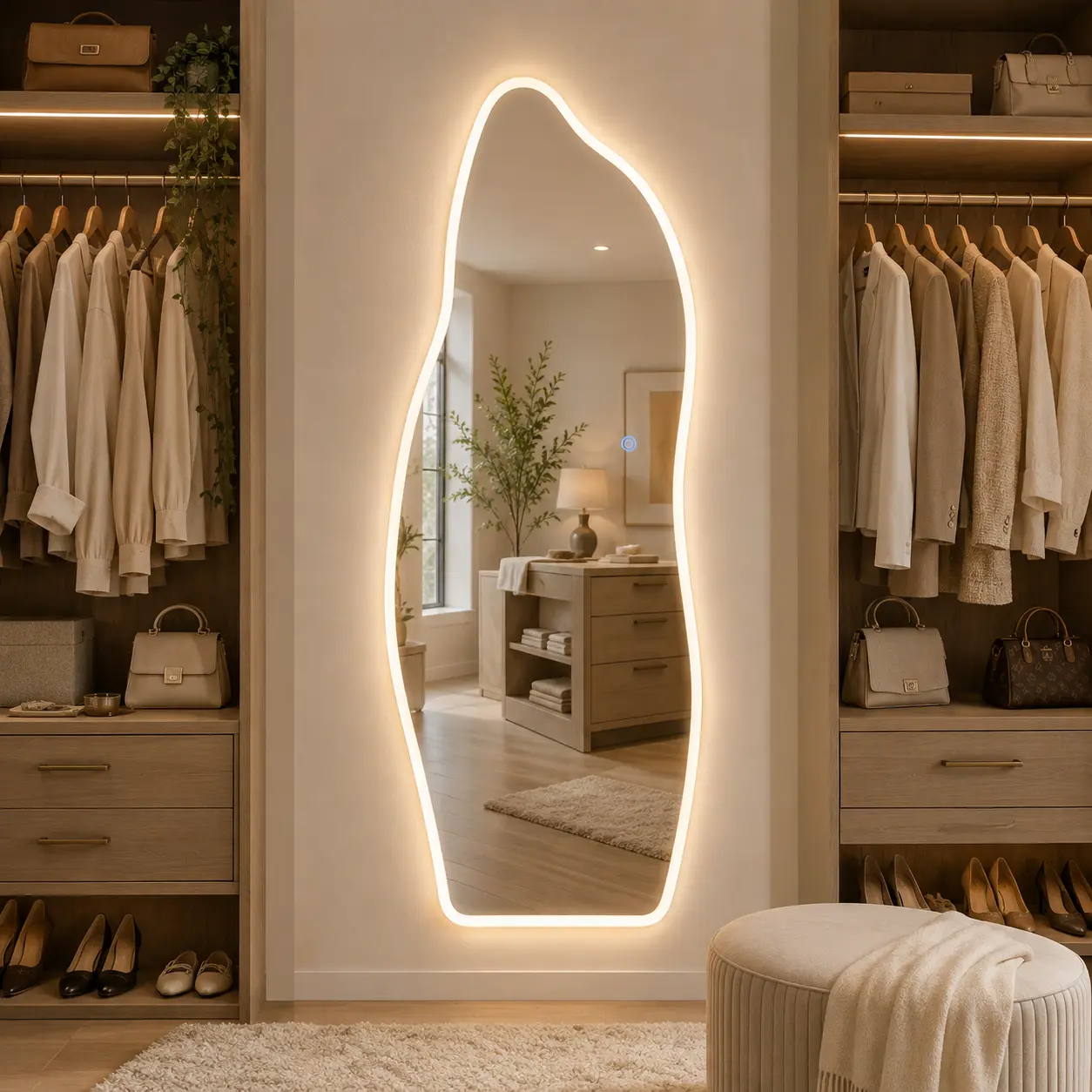 65" x 25" Sculptural Irregular LED Full Length Mirror, Wall Mounted Wavy Body Mirror with 3 Light Colors, Touch Dimming and Tempered Glass for Bedroom, Closet, Entryway and Dressing Space