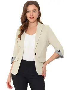 INSPIRE CHIC Notched Lapel Collar 3/4 Sleeve Button Front Work Formal Suit Jacket Blazer