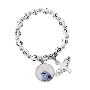 Bracelet Jewelry | Custom Photo Cross Beaded Bracelet | Personalized Religious Accessory | Daily/Memorial Wear | Trendy Faith Charm Thoughtful Gift