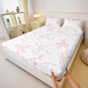 Pink Ribbon and Bow Print Fitted Sheet Set,Includes 2 Pillowcases (Without Inserts) Dreamy Girly Fitted Sheet Set Perfect for Teens and Girls Bedroom Decoration Gift