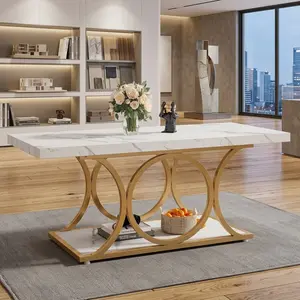 47.24 Inch Modern Rectangular Coffee Table, 2-Tier Faux Marble MDF Coffee Table with Geometric Gold Metal Legs, Storage Shelf Center Table for Living Room Apartment Home Decor
