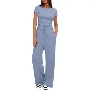 HarSum Women's 2 Piece Outfits Ruched Short Sleeve Tops Wide Leg Pants Casual Loungewear Set