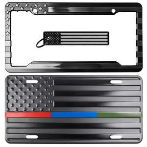 First Responder Thin Red, Blue, Green Line American Flag License Plate, Frame, and Key Tag