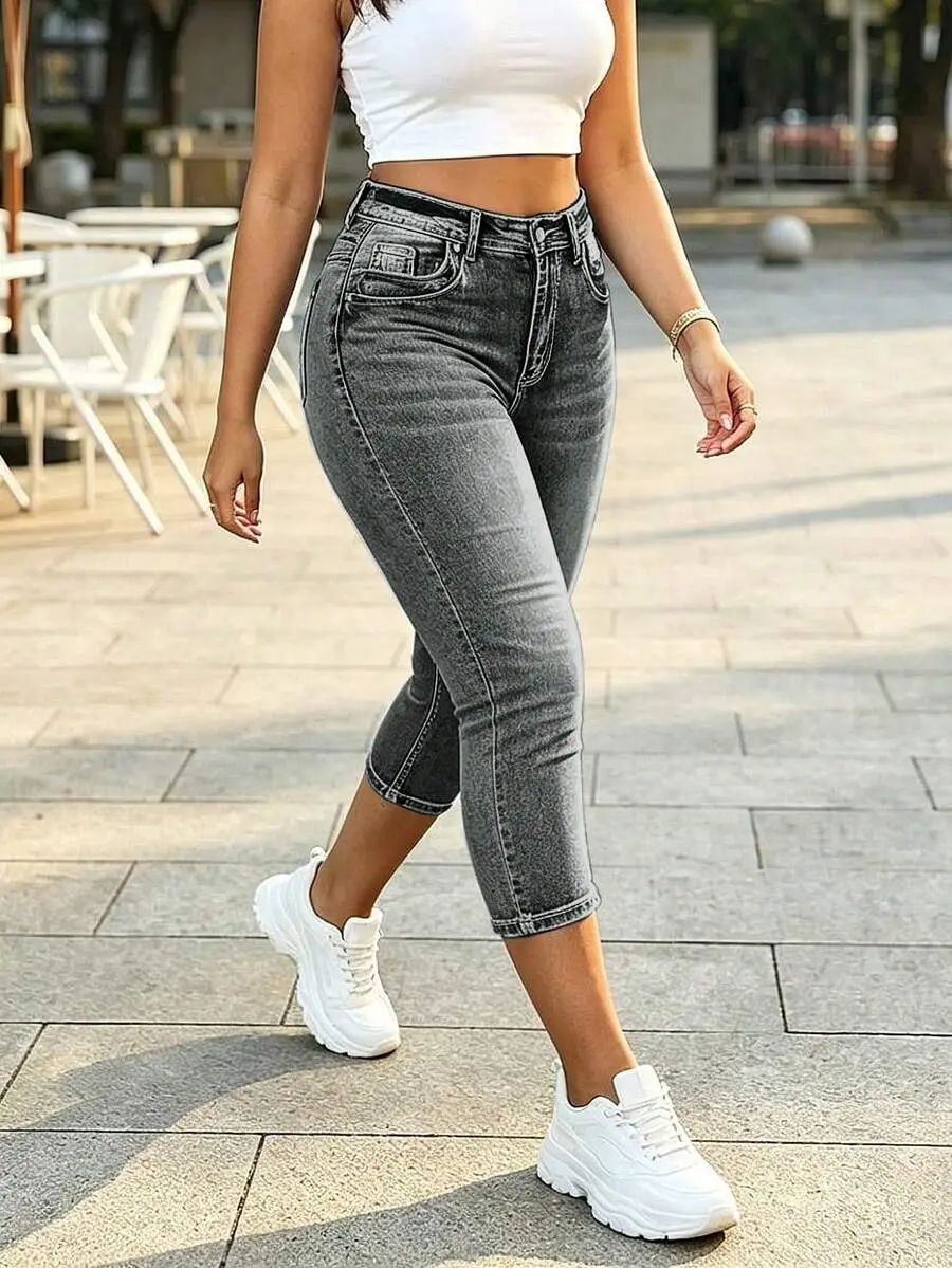 High Waisted Stretchy Capri Jeans For Women Slim Fit Summer Outdoor Casual Daily Wear