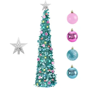 6FT Pop-Up Christmas Trees with Lights: Christmas Trees with 100 LED Lights - Collapsible Christmas Tinsel Trees Christmas Decorate for Home Apartment Room Holiday Party Inside Outside (Ice Blue)